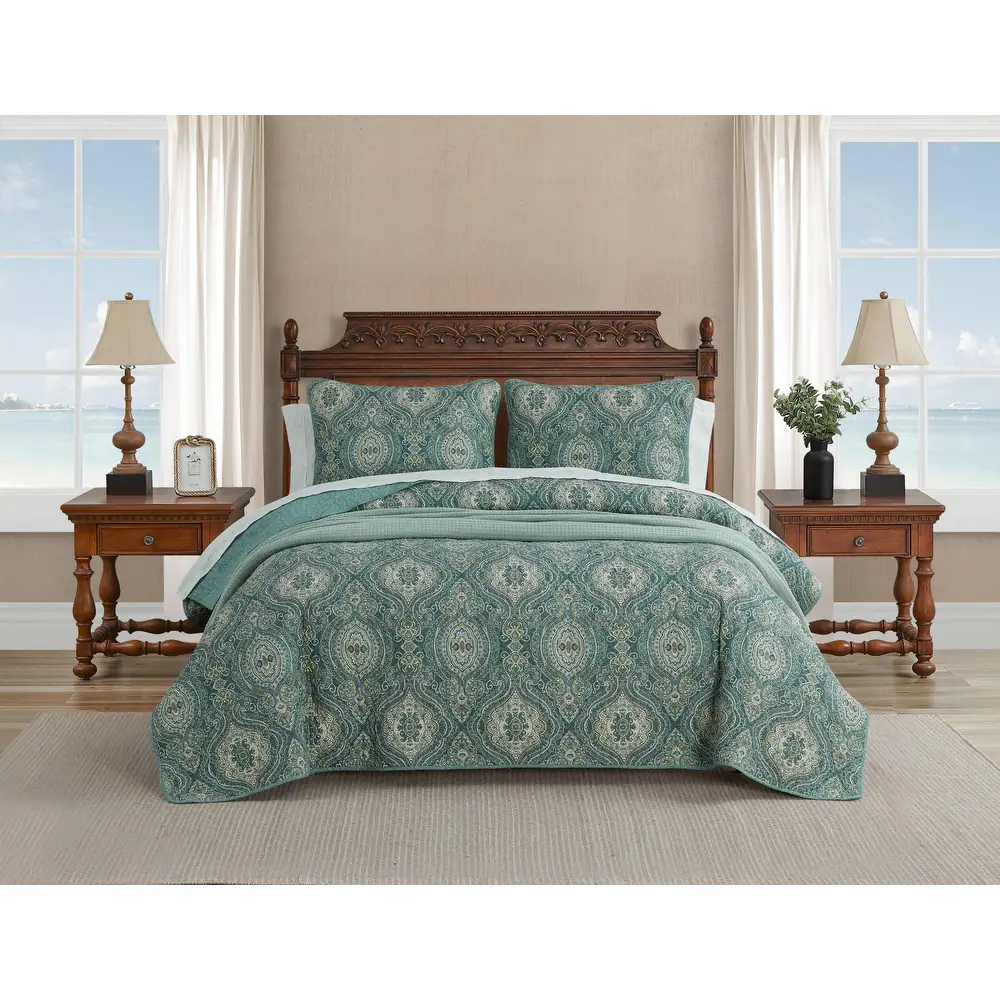 Tommy Bahama Turtle Cove Green Cotton Reversible Quilt Set