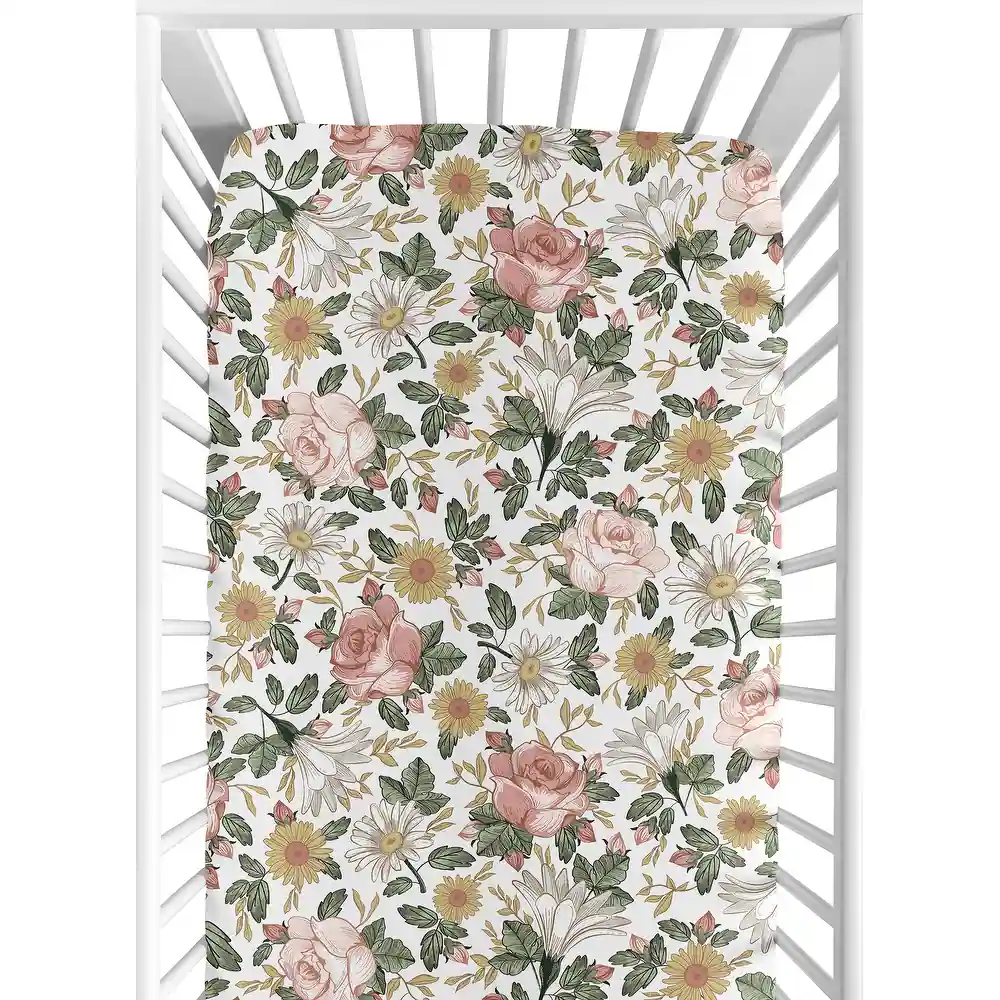Sweet Jojo Designs Vintage Floral Boho Girl Fitted Crib Sheet - Blush Pink Yellow Green White Shabby Chic Rose Flower Farmhouse