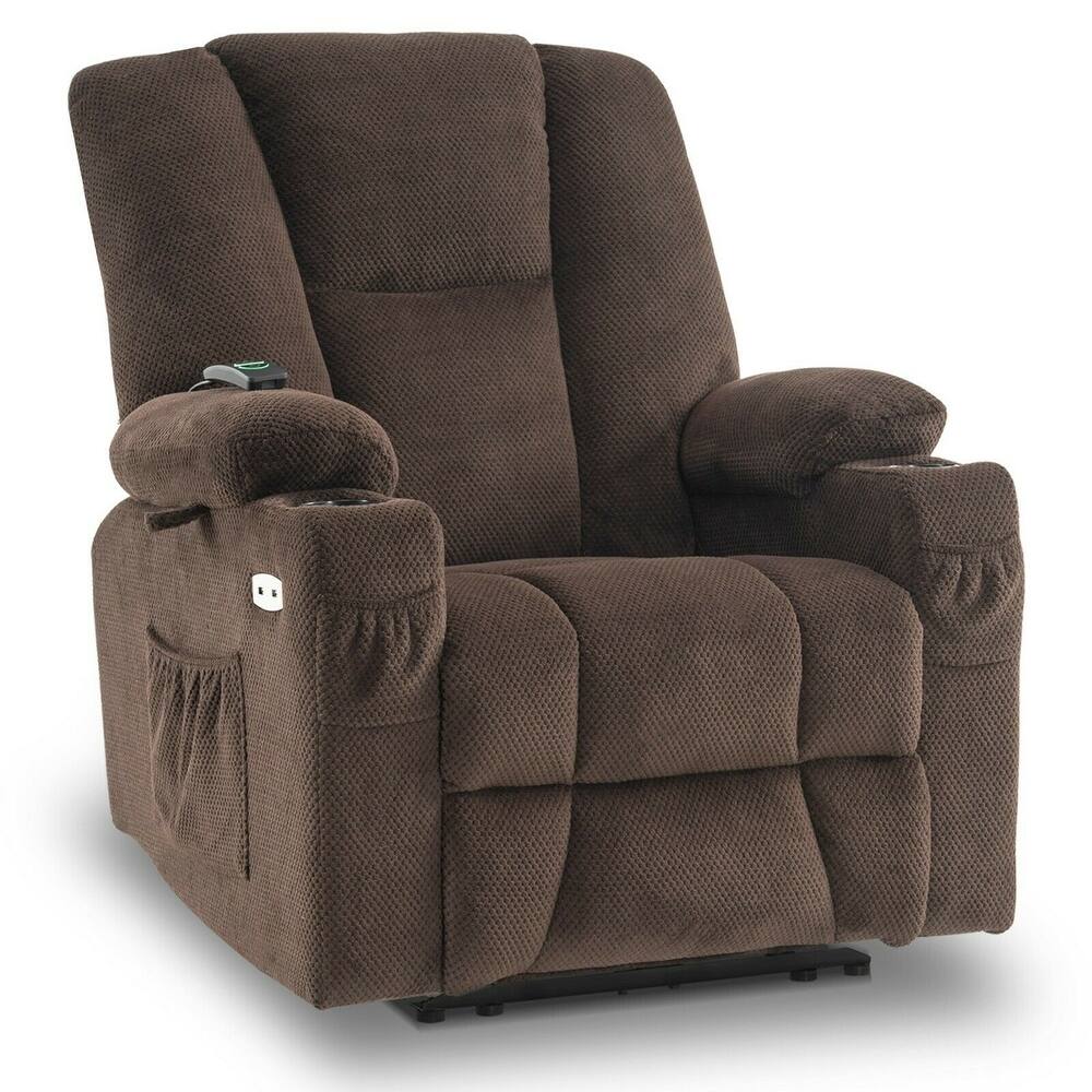 Mcombo Electric PowerRecliner with Massage & Heat, Extended Footrest, 2 USB Ports, Side Pockets, Cup Holders, Plush Fabric 8015