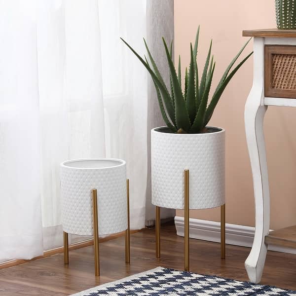 2-Piece White Round Metal Planters and Gold Stand