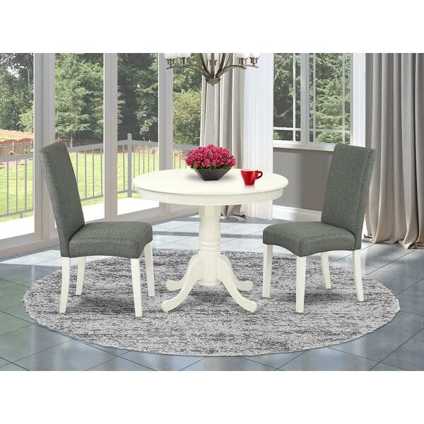 Round 36 Inch Table and Parson Chairs in Gray Linen Fabric Linen White Finish (Pieces Option)