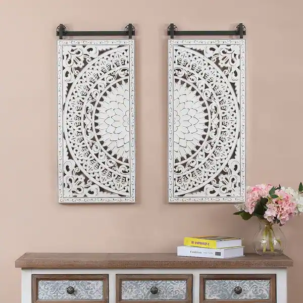 Set of 2 Distressed White Carved Floral Engineered Wood Wall Panel