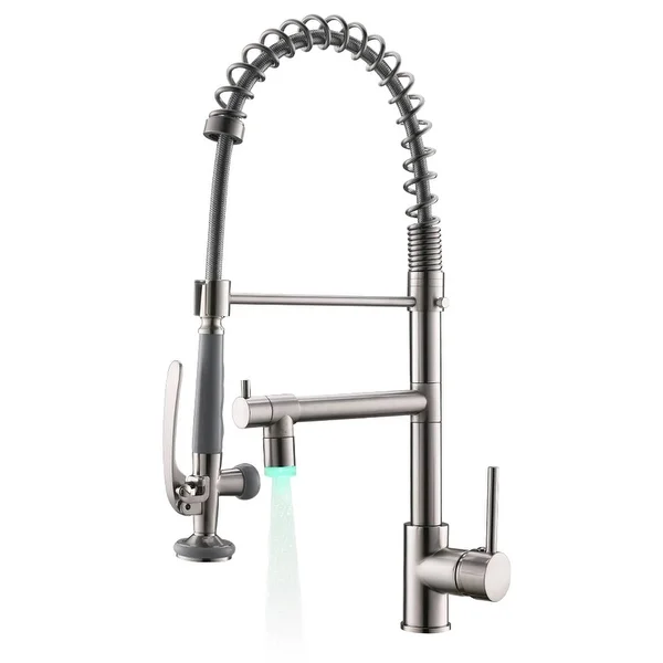 LED Commercial Pull Down Kitchen Sink Faucet With Sprayer Brushed Nickel Kitchen Faucets Single Hole High Arc Mixer Faucets