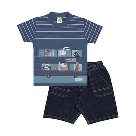 Baby Boy Outfit Infant Striped Shirt and Denim Shorts Set Pulla Bulla 3-12 Month