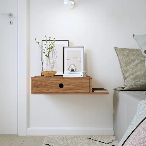 Solid Oak Wood Floating Nightstand with a Shelf
