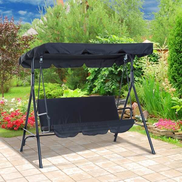 Outsunny Steel Outdoor Porch Swing Lounge Chair 3 Person with Adjustable Weather-Resistant Canopy & Durable Build, Black