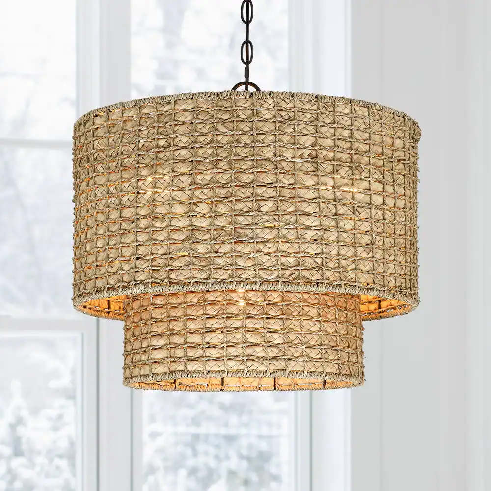 20 in. 4-Light Natural Rattan Traditional Drum Pendant Light Black Canopy - Black/earthy - 20 in. W - 20 in. W