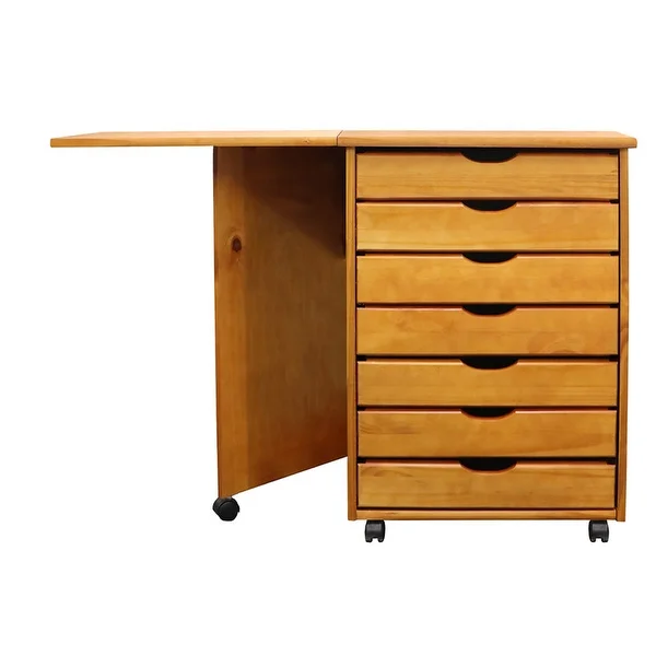 Adeptus Original Roll Cart, Solid Wood, 7 Drawer Gate Leg Roll Cart Desk, Extra Wide Drawers, Med Pine