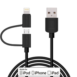 Skiva USBLink Duo (3.2ft / 1m) 2-in-1 Sync / Charge Cable with Lightning and microUSB Connectors for Apple and Android Devices