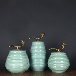 G Home Collection Luxury Turquoise Horizontal Line Accent Porcelain Jar With Copper Lid