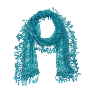 Women's Sheer Lace Scarf With Fringe - Teal Blue - 70" x 11"
