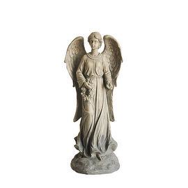 26" Distressed Finish Angel with Floral Wreath Outdoor Garden Figure