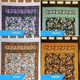 Handmade French Floral Tab Top Curtain 100% Cotton Drape Door Panel in Ivory Blue Black Amber & Violet