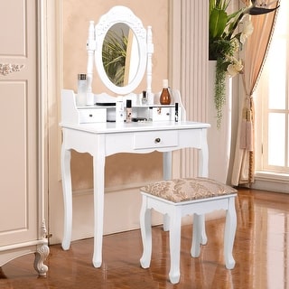 Costway Vanity Table Jewelry Makeup Desk Bench Dresser w/ Stool 3 Drawer White