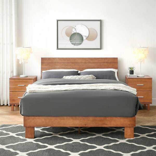 BIKAHOM Wooden Platform Bed with Adjustable Height Headboard for Bedroom,Queen Size Wooden Bed Frame with Headboard,Teak