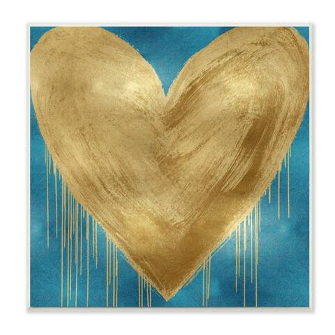 Stupell Industries Bronze Heart over Deep Blue with Paint Drip Wood Wall Art,12x12 - Gold