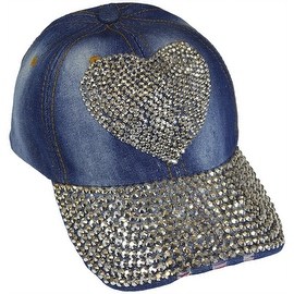 Heart Sparkling Bedazzled Studded Baseball Cap Hat, Denim, Light Blue