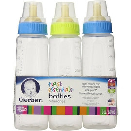 Gerber First Essentials Bottles, Clear View, with Latex Nipples (assorted colors), 3 ea