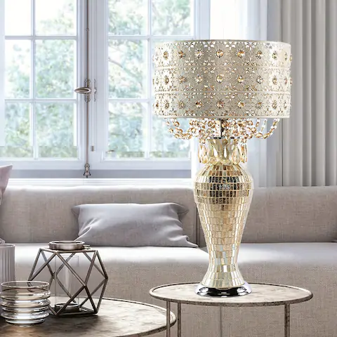 River of Goods Solvang Jeweled Metal/Mosaic Base Cascading Crystal Table Lamp - 14"L x 14"W x 25"H