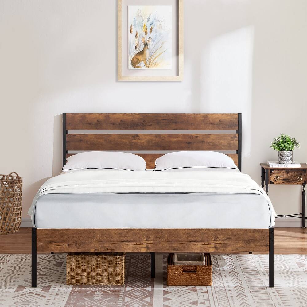 VECELO Industrial Wood Bed Frame with Headboard, Twin Size Beds, Full Size Beds