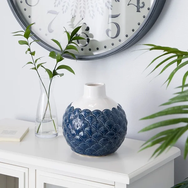 Blue Ceramic Coastal Vase 9 x 8 x 8 - 8 x 8 x 9Round