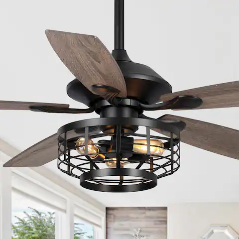 52" Industrial Wood 5-Blade 3-Light Metal Ceiling Fan with Remote