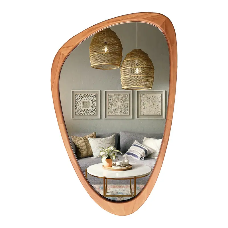 Pine Wooden Frame Asymmetrical Cobblestone Shaped Wall Mirror