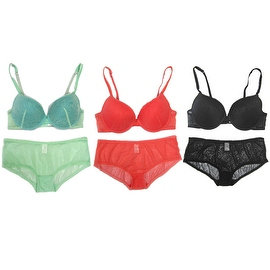 Women 3 Pack Assorted Colors Gathered Floral Lace Bra & Panty Sets
