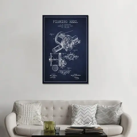 iCanvas "Fishing Reel Navy Blue Patent Blueprint" by Aged Pixel Canvas Print