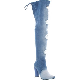 Static Footwear Elssa-2 Women's Over The Knee Ripped Distressed Chunky Block Heel Denim Boots