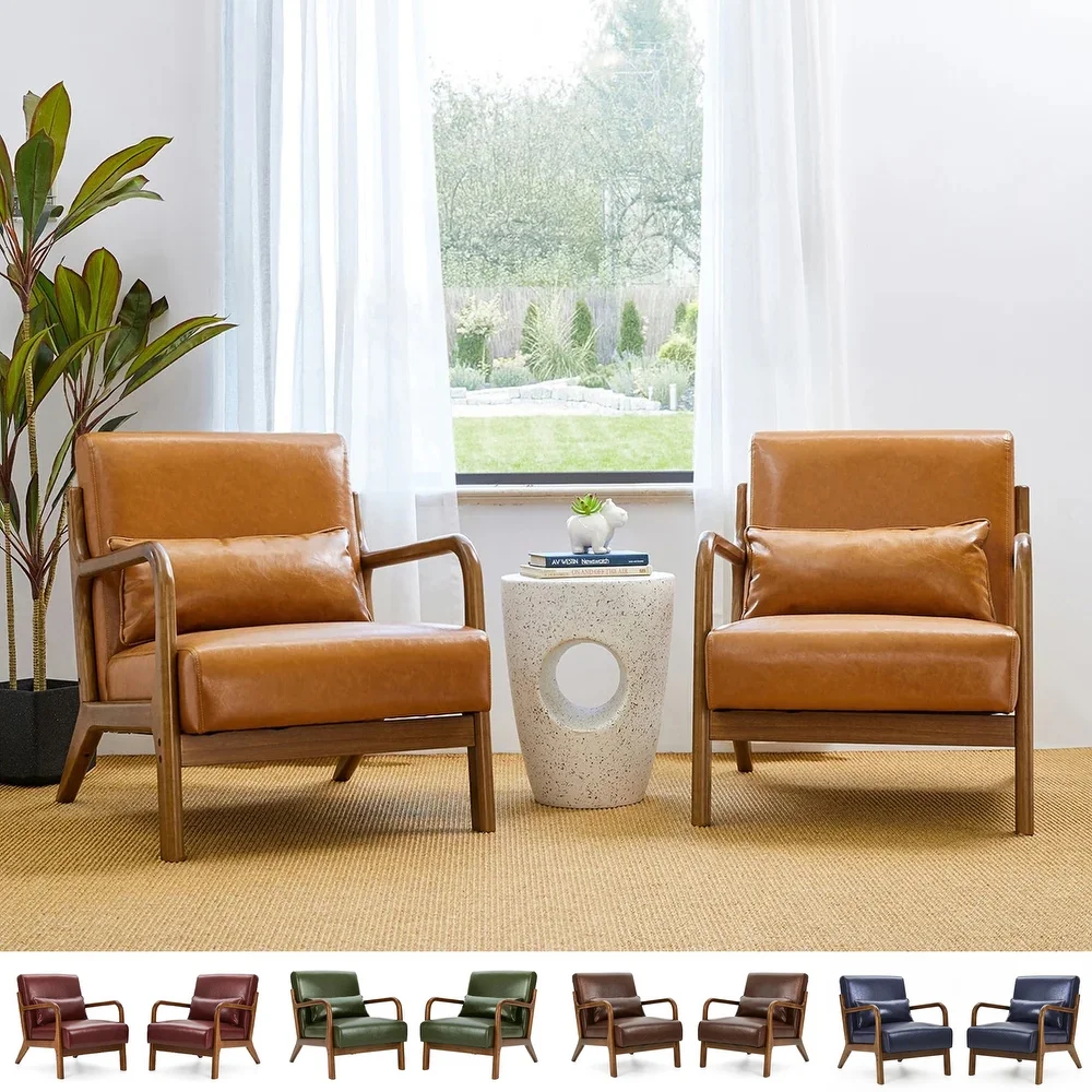 Glitzhome Set of 2 30.75"H Mid-Century Modern PU Leather Accent Armchairs with Rubberwood Frame - 25.75"L x 33.75"W x 30.75"H