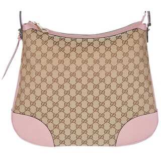 Gucci 449244 Large Bree Canvas Beige Pink Leather Purse Hobo Handbag - beige and pink - 15" x 13" x 4.5"