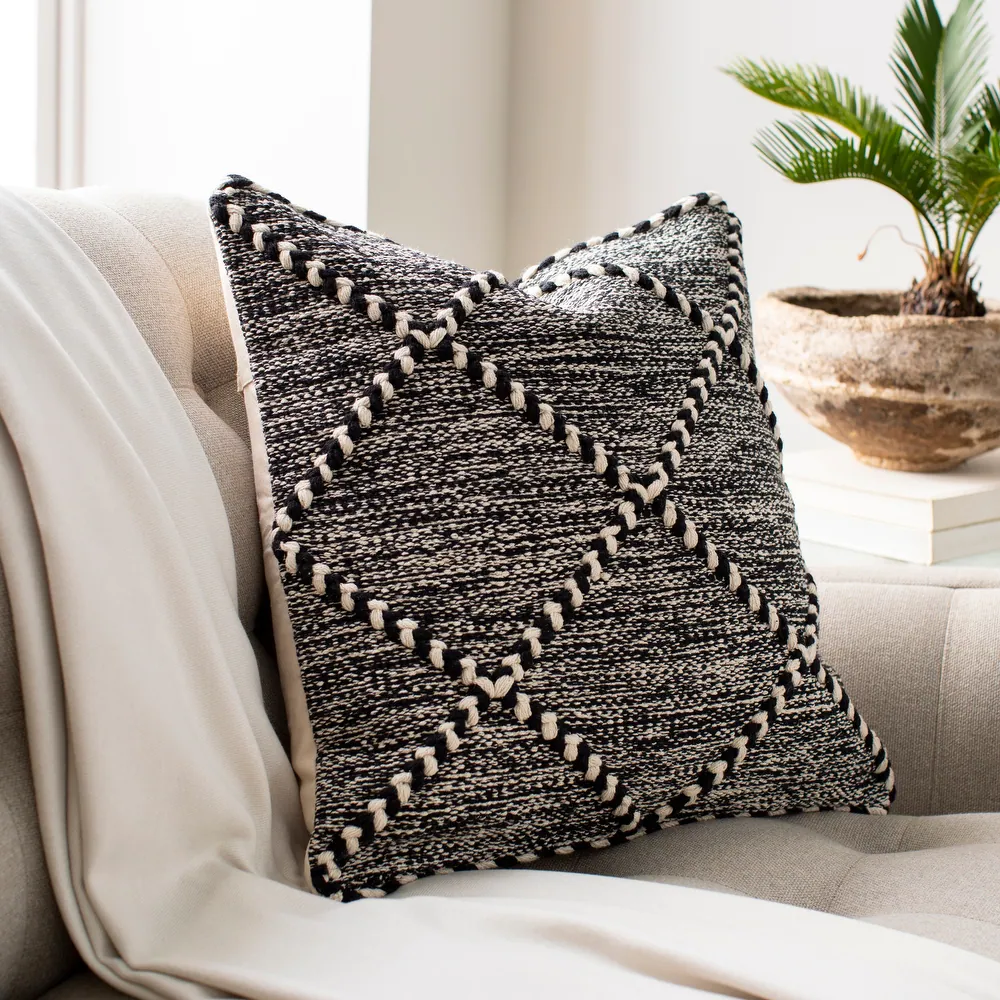 The Curated Nomad Pyrola Handwoven Black & White Boho Throw Pillow