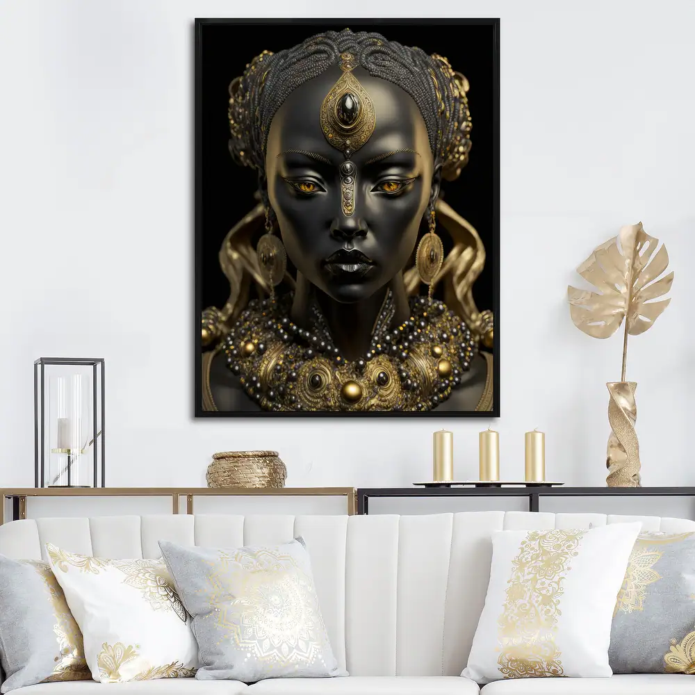 Designart "Close-Up Black And Gold African Goddess I" African American Woman Framed Wall Art Living Room