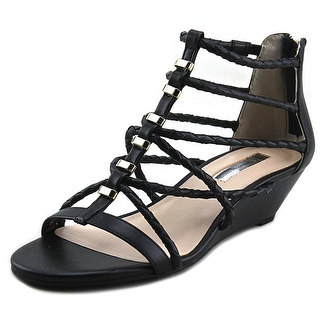 INC International Concepts Makera Women Open Toe Leather Black Wedge Sandal