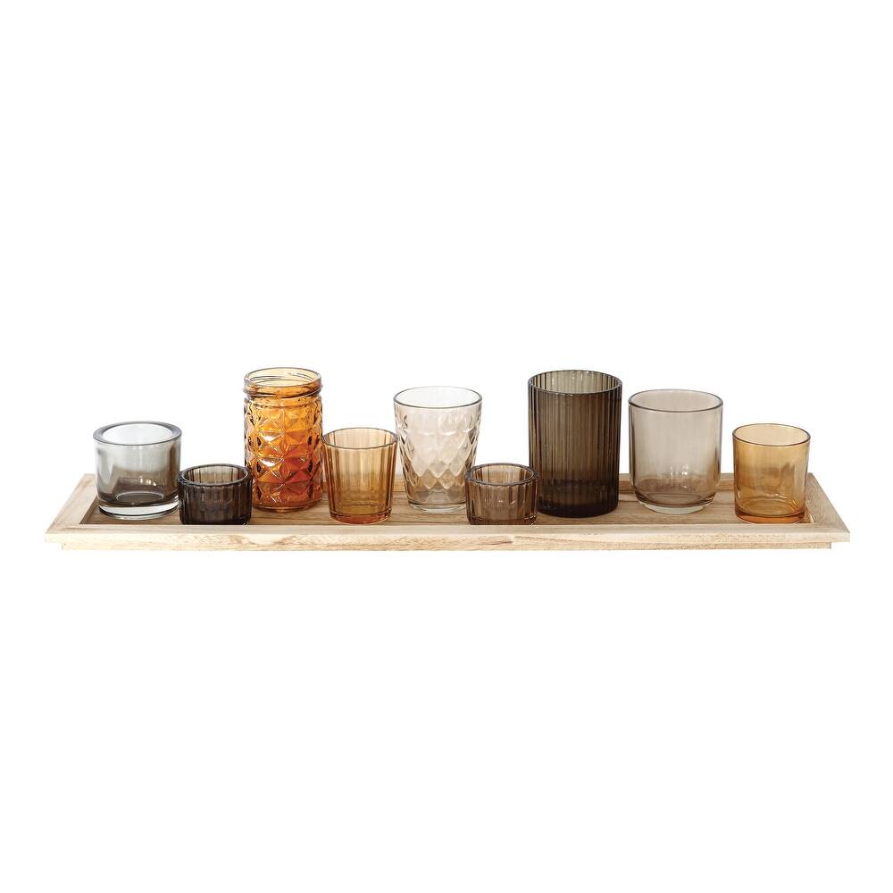 Wood Tray with 9 Brown Glass Votive Holders (Set of 10 Pieces)