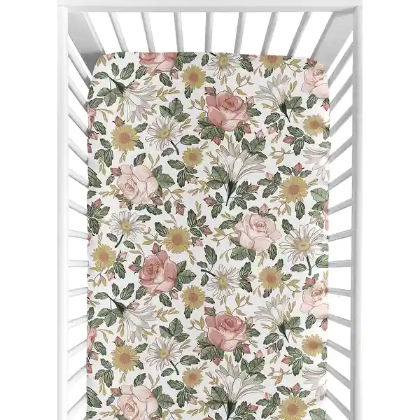 Sweet Jojo Designs Vintage Floral Boho Girl Fitted Crib Sheet - Blush Pink Yellow Green White Shabby Chic Rose Flower Farmhouse