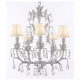White Wrought Iron Floral Chandelier with Pink Stars and Shades!