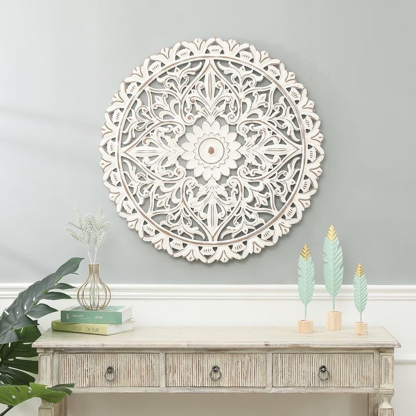 31.5-Inch Round Distressed White Wood Floral Wall Decor
