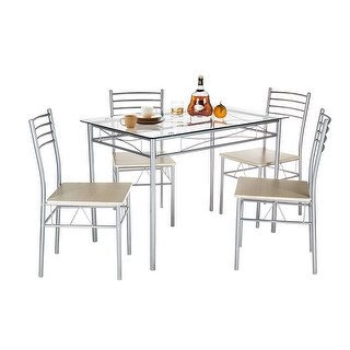 VECELO 5-piece Glass  Dining Table Set, Glass Table and 4 Chair Sets Metal Kitchen Room Furniture (Silver)