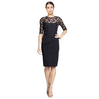 Teri Jon Sequin Lace Bodice Tiered Skirt Sheath Cocktail Dress