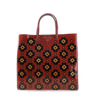 Prada Floral Pattern Spazzolato Leather Tote Handbag - Red - M