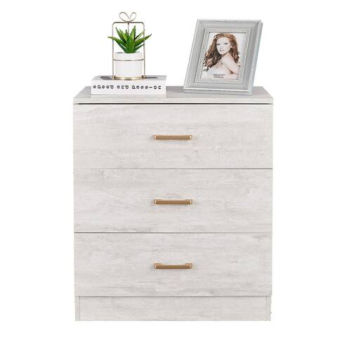 White Wood Nightstand with Three Storage Drawers and Metal Handles