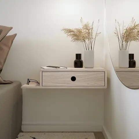 White Solid Birch Floating Nightstand with a Shelf