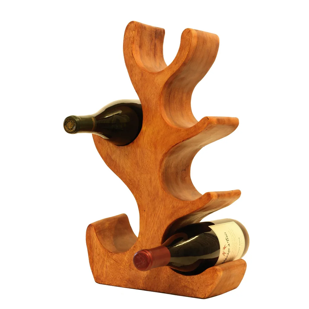 Wooden Hand Carved 18" Tall 6 Bottles Wine Rack Bottle Holder Free Standing Wood Home Decor Accent Decoration Gift Bar Handma