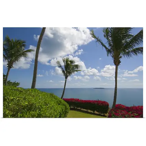 "View Of Atlantic Ocean With Blooming Flowers And Palm Trees" Poster Print