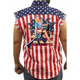 Men's Biker USA Flag Sleeveless Denim Shirt Pin Up Girl Riding Assault Rifle Gun