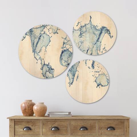 Designart 'World Map Water Splash' Abstract Map Wood Wall Art Set of 3 Circles
