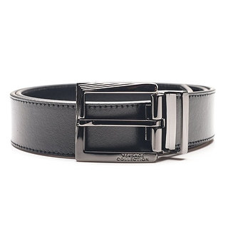 Versace Collection Men's Black Leather Silver Buckle Adjustable Belt 175 - M