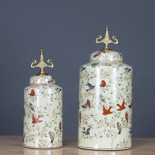 G Home Collection Luxury Handcrafted Bird Pattern Accent Porcelain Jar With Copper Lid